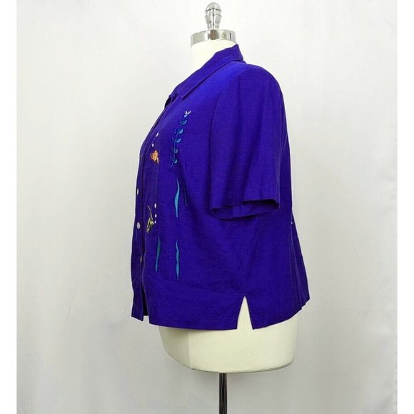 GONE Vintage 90s Top Dark Blue Fish Embroidered Short Sleeve Blouse Women's 20W - Picture 6 of 11